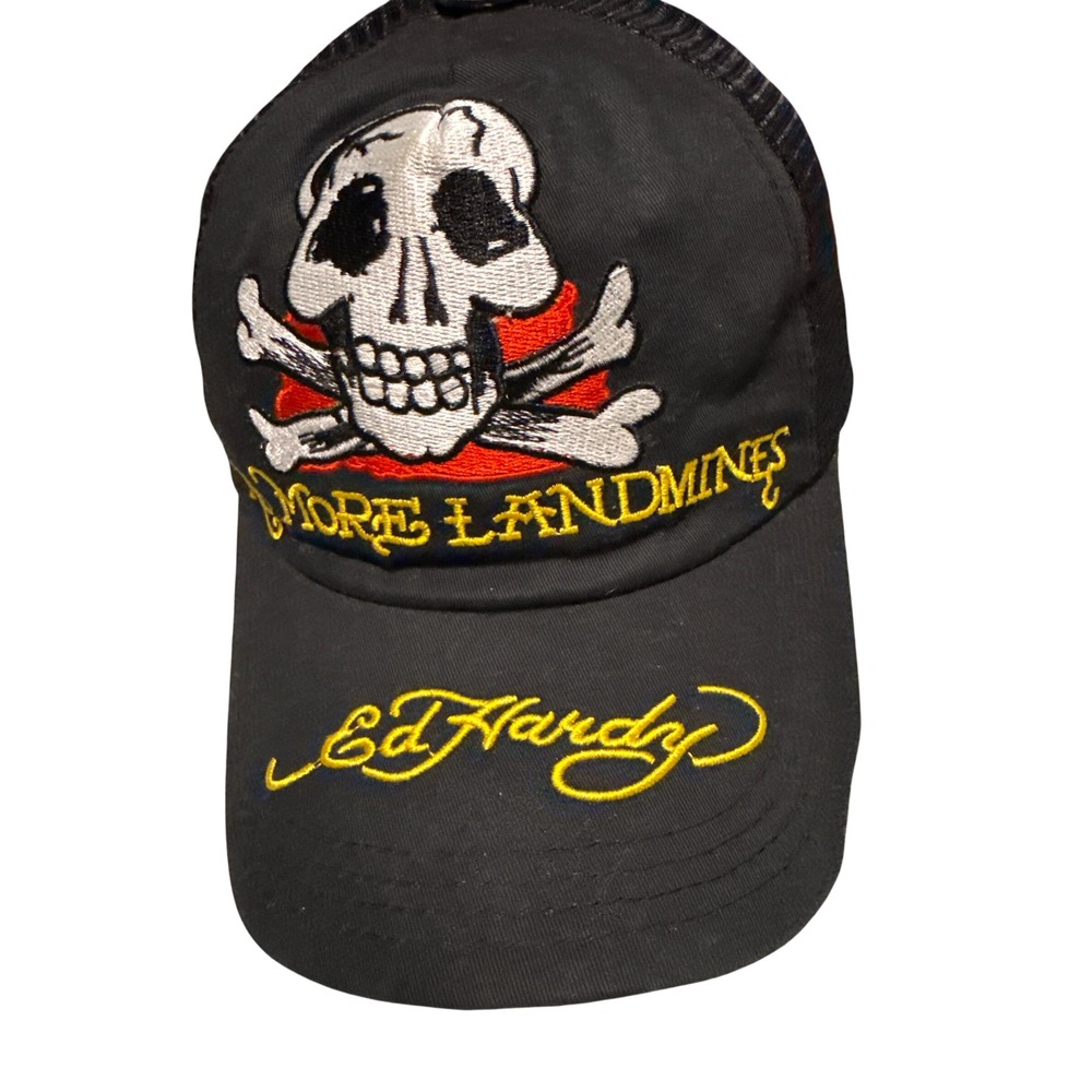 Ed Hardy No More Landmines Skull Crossbones Trucker Hat Black Snapback Cap